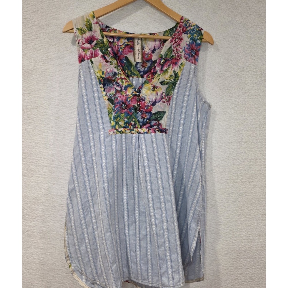 Aratta Silent Journey Blue Stripe Floral VNeck Sleeveless Blouse Top Boho Small